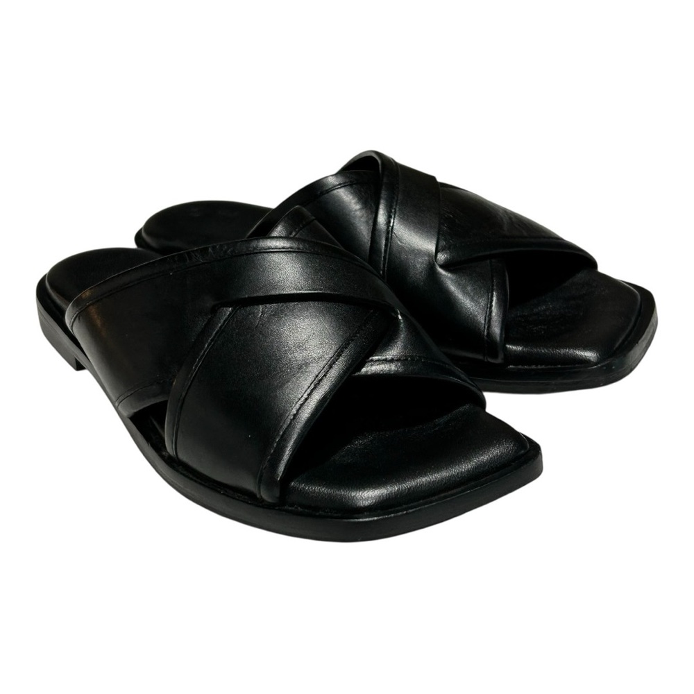 Freda Salvador Marta Black Leather Criss Cross Slide Sandal Flat Minimalist 7.5 - Picture 13 of 15
